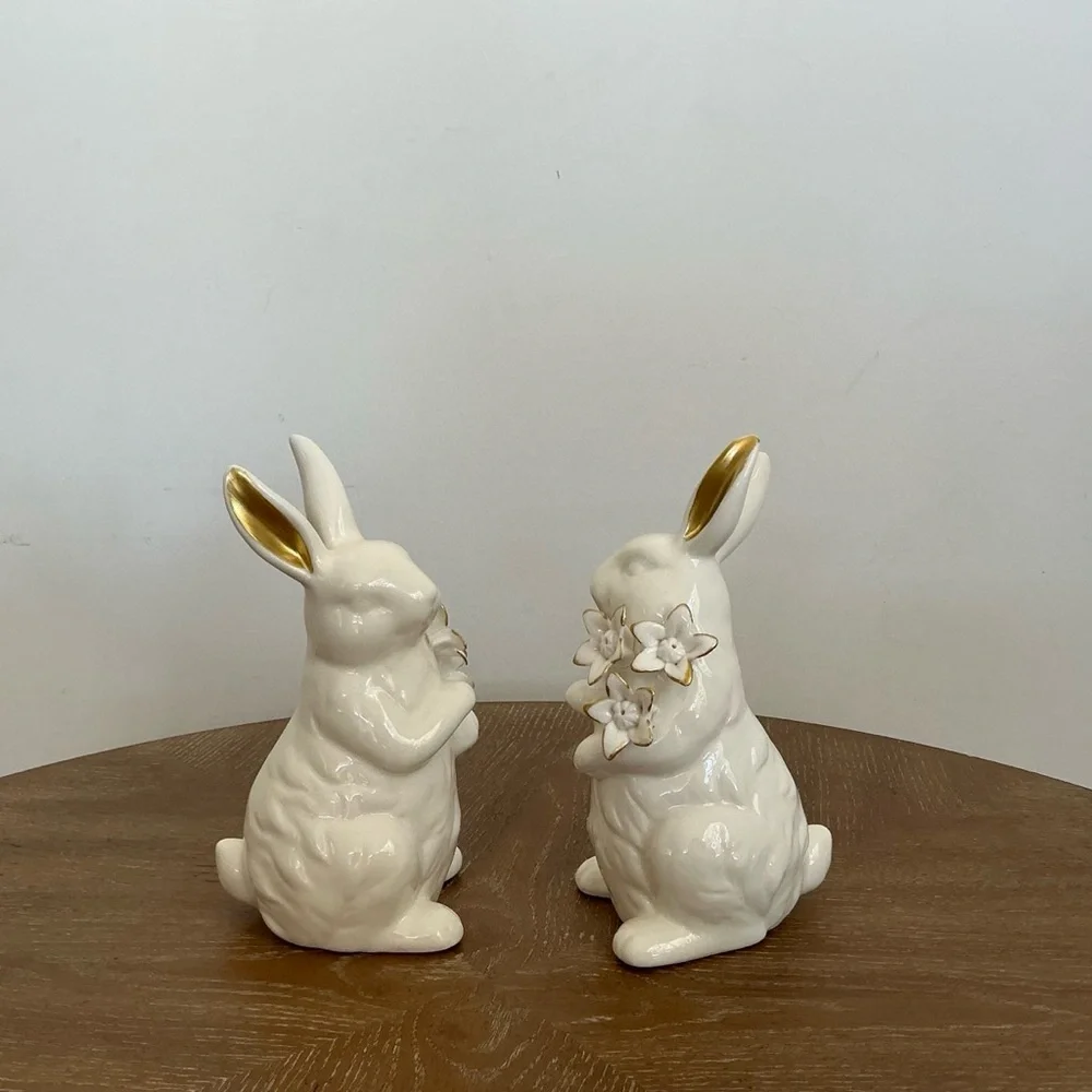 Ceramic Bunny Figurine Pair with Gold Ears & Flowers | Spring Decor - Picture 3 of 4